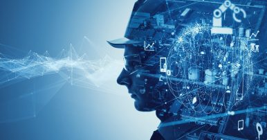 A silhouette of a construction worker with futuristic technology and patterns swirling around their head.