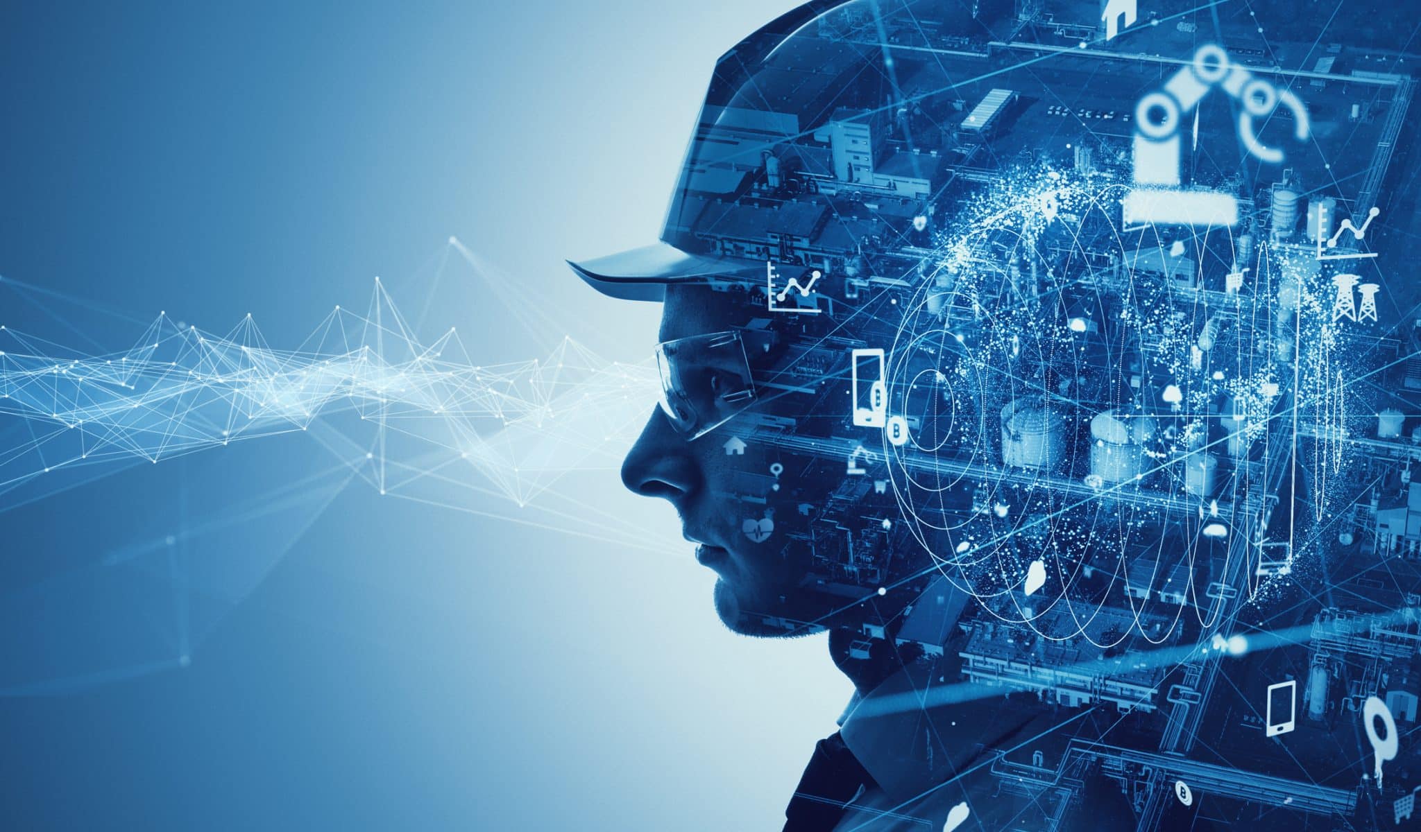 A silhouette of a construction worker with futuristic technology and patterns swirling around their head.