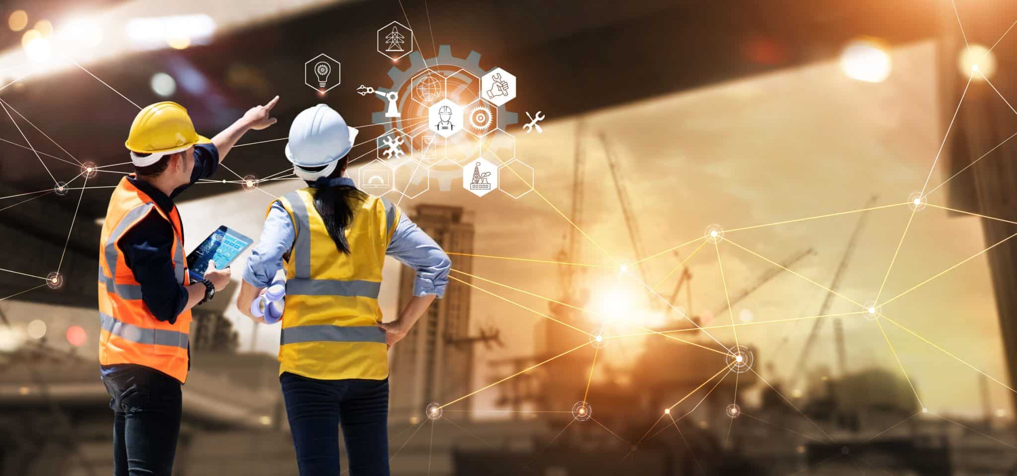 Two construction workers in neon vests overlooking a construction site with futuristic icons overlaid.