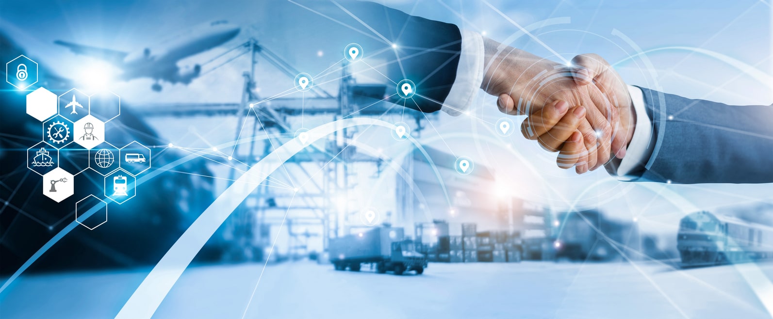 A handshake superimposed on a light blue background with heavy equipment, including trucks and cranes.